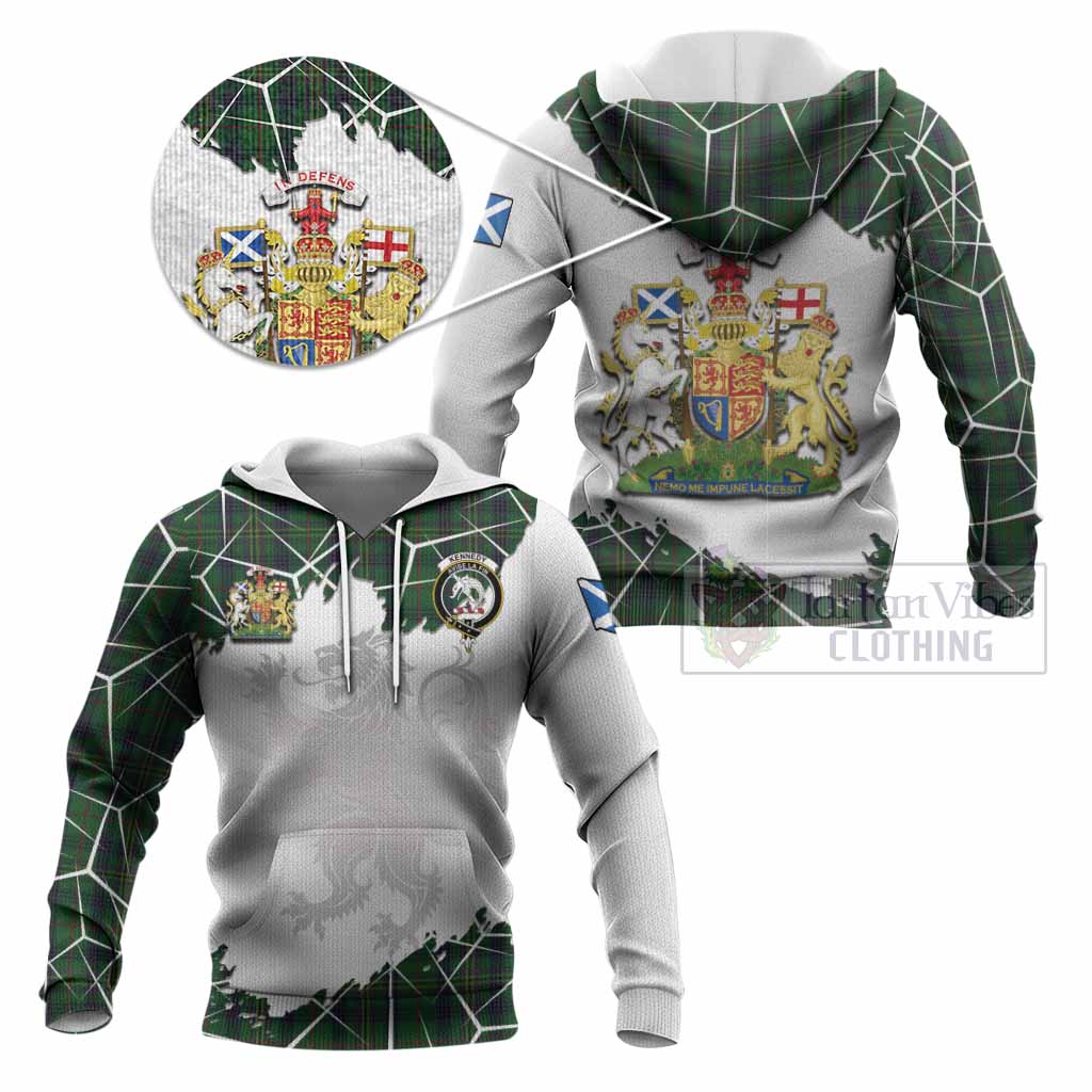Kennedy Tartan Knitted Hoodie with Family Crest and Lion Rampant Grunge Style