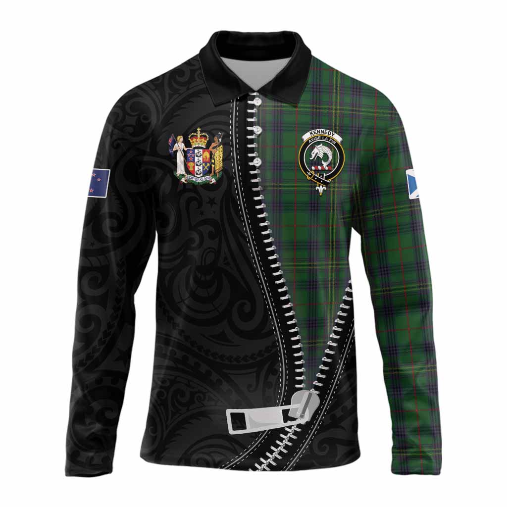 Kennedy Tartan Long Sleeve Polo Shirt New Zealand Pattern Unique Zipper Stylized