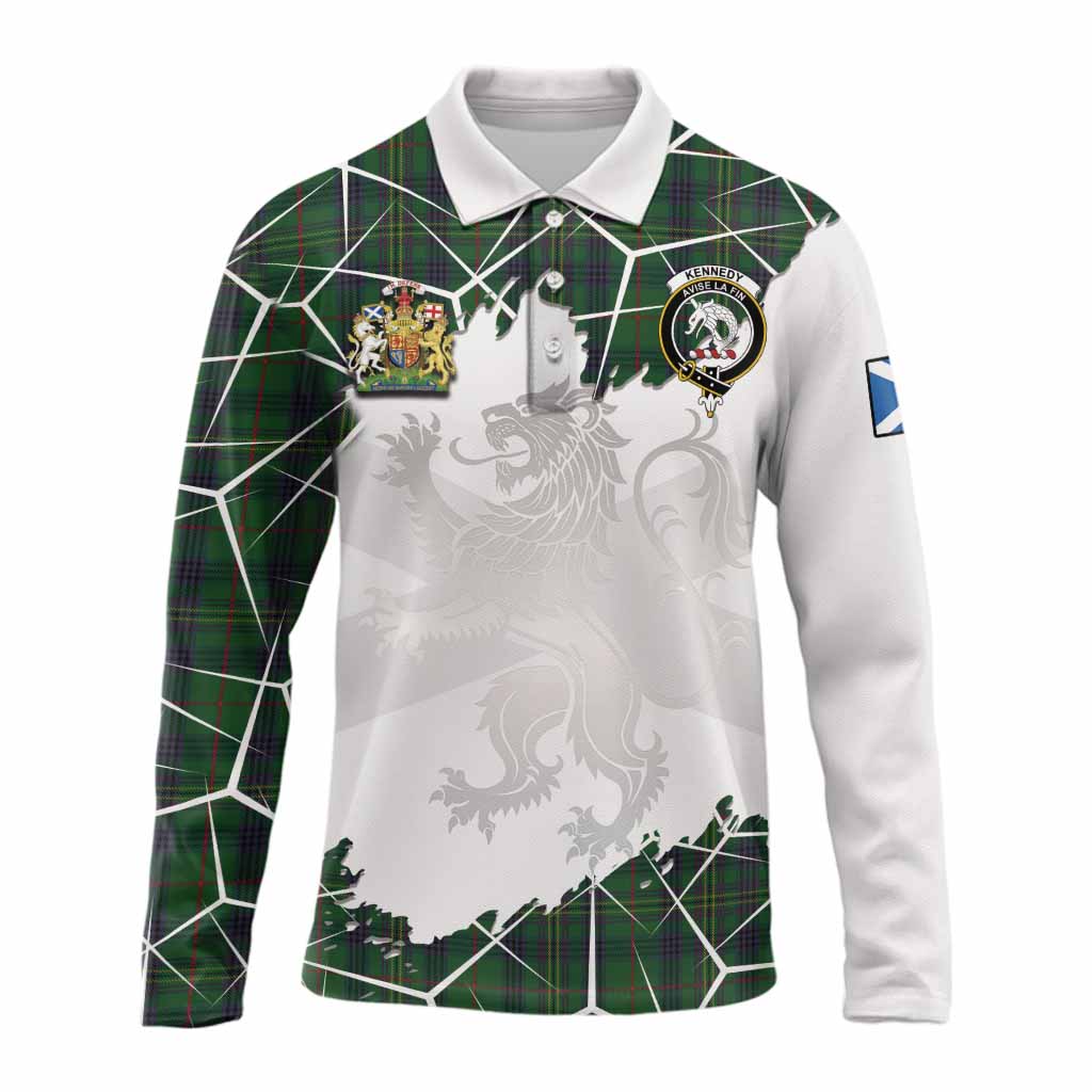 Kennedy Tartan Long Sleeve Polo Shirt with Family Crest and Lion Rampant Grunge Style