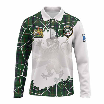 Kennedy Tartan Long Sleeve Polo Shirt with Family Crest and Lion Rampant Grunge Style