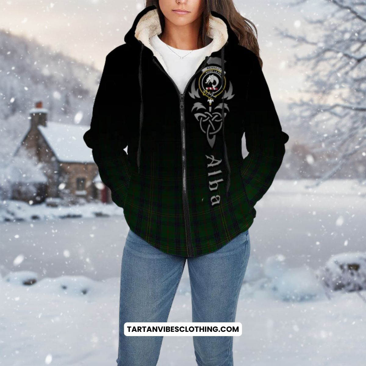 Kennedy Tartan Sherpa Hoodie Featuring Alba Gu Brath Family Crest Celtic Inspired