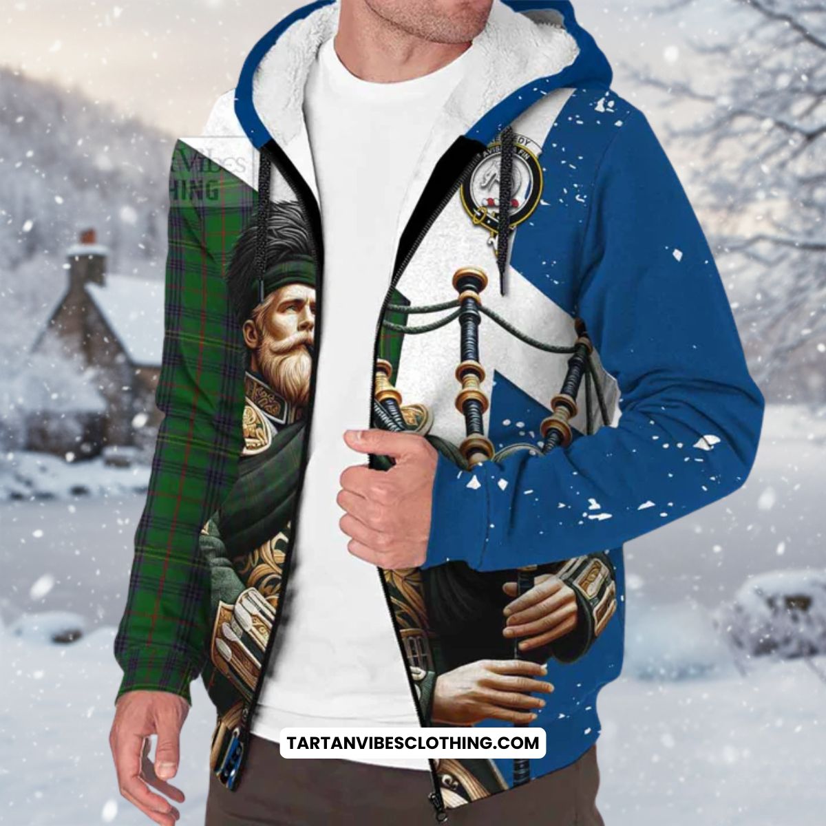 Kennedy Tartan Sherpa Hoodie with Family Crest Scottish Bagpiper Vibes