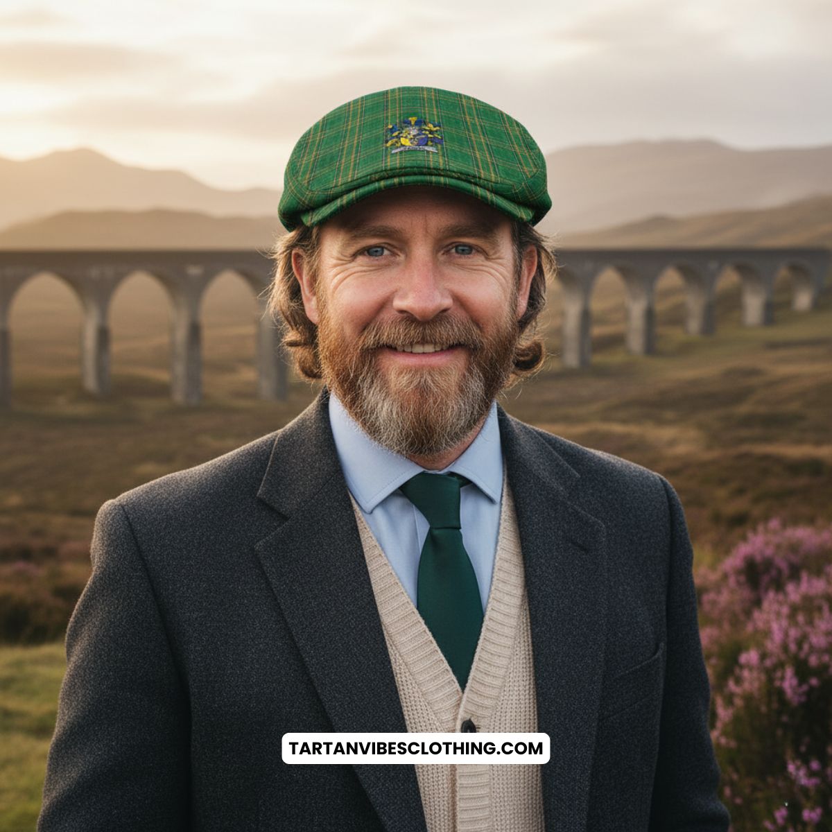 Kenney Irish Clan Tartan Jeff Cap, Tartan Flat Cap with Coat of Arm