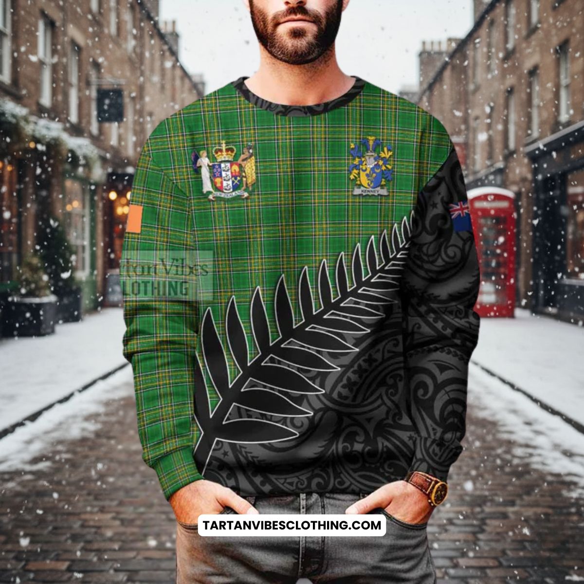 Kenney Irish Clan Tartan Sweatshirt with Coat of Arms New Zealand Silver Fern Half Style