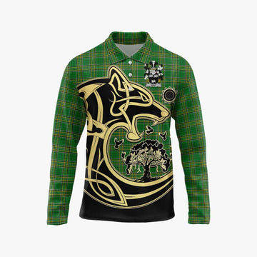 Kent Irish Tartan Long Sleeve Polo Shirt with Coat of Arms Celtic Wolf Style Unisex - Tartan Vibes Clothing