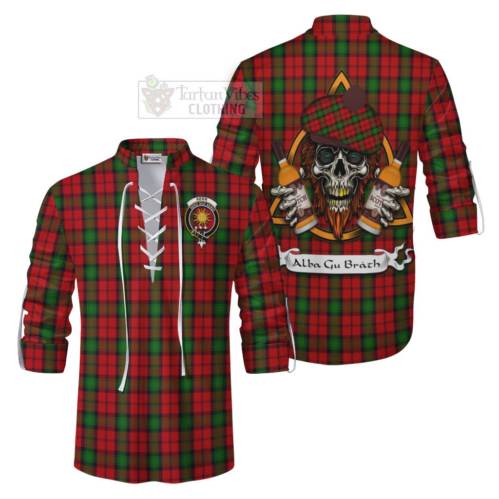 Tartan Vibes Clothing Kerr Tartan Ghillie Kilt Shirt with Family Crest and Bearded Skull Holding Bottles of Whiskey