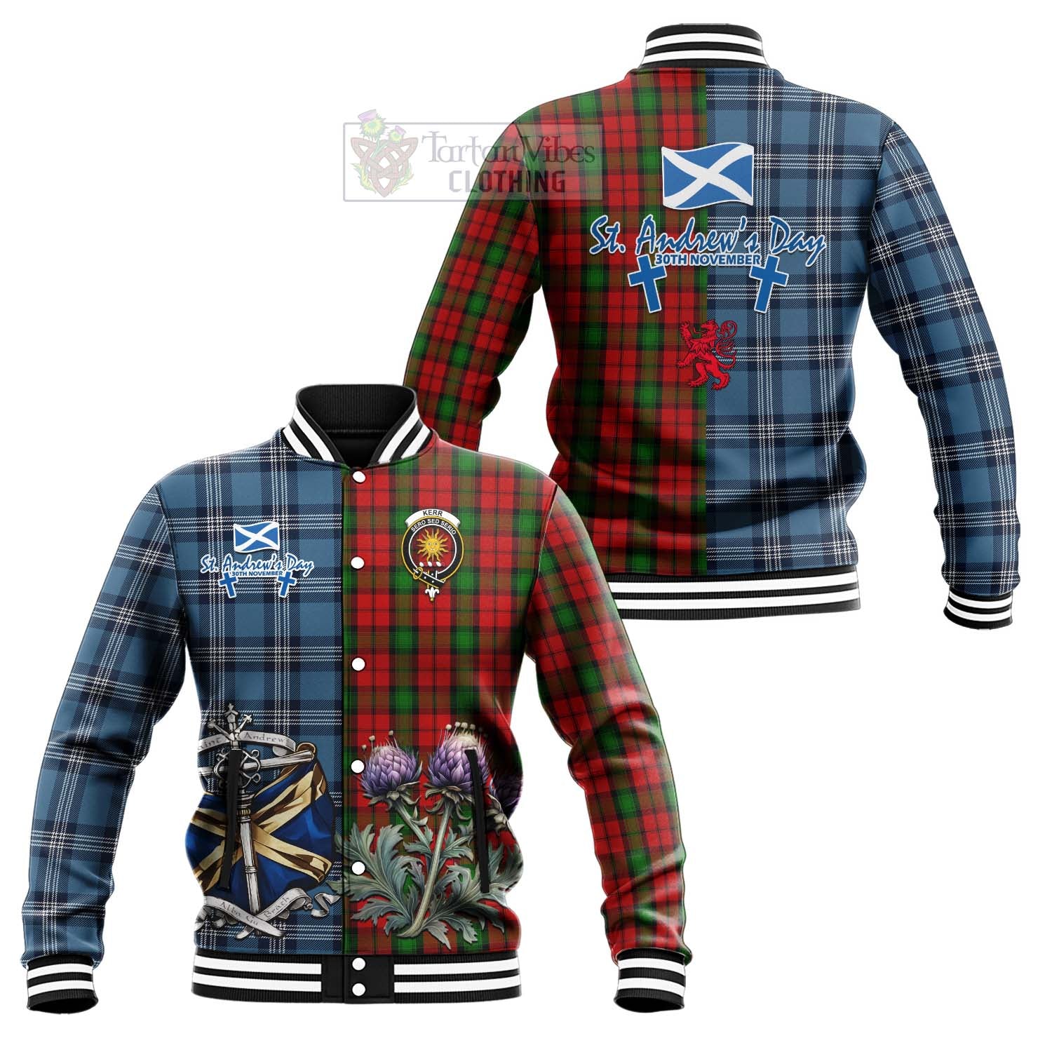 Tartan Vibes Clothing Kerr Tartan Baseball Jacket Happy St. Andrew's Day Half Tartan Style