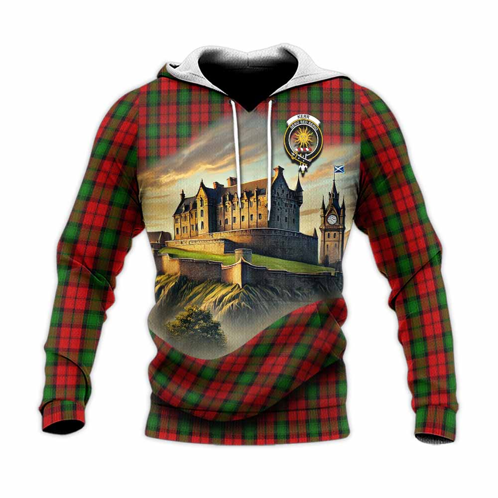 Tartan Vibes Clothing Kerr Tartan Family Crest Knitted Hoodie with Scottish Ancient Castle Style