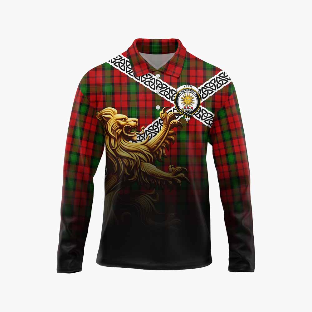 Tartan Vibes Clothing Kerr Crest Tartan Long Sleeve Polo Shirt with Golden Lion Emblem Celtic Style