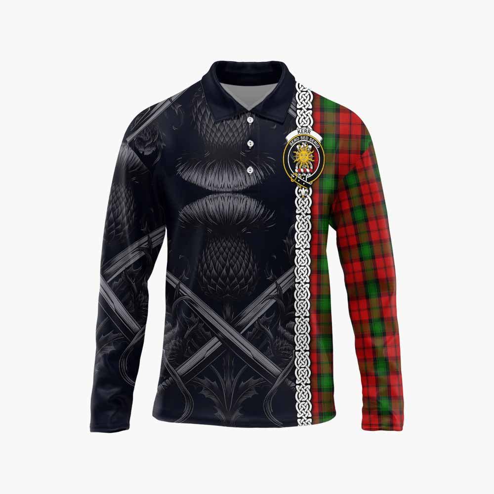 Tartan Vibes Clothing Kerr Tartan Long Sleeve Polo Shirt with Family Crest Cross Sword Thistle Celtic Vibes