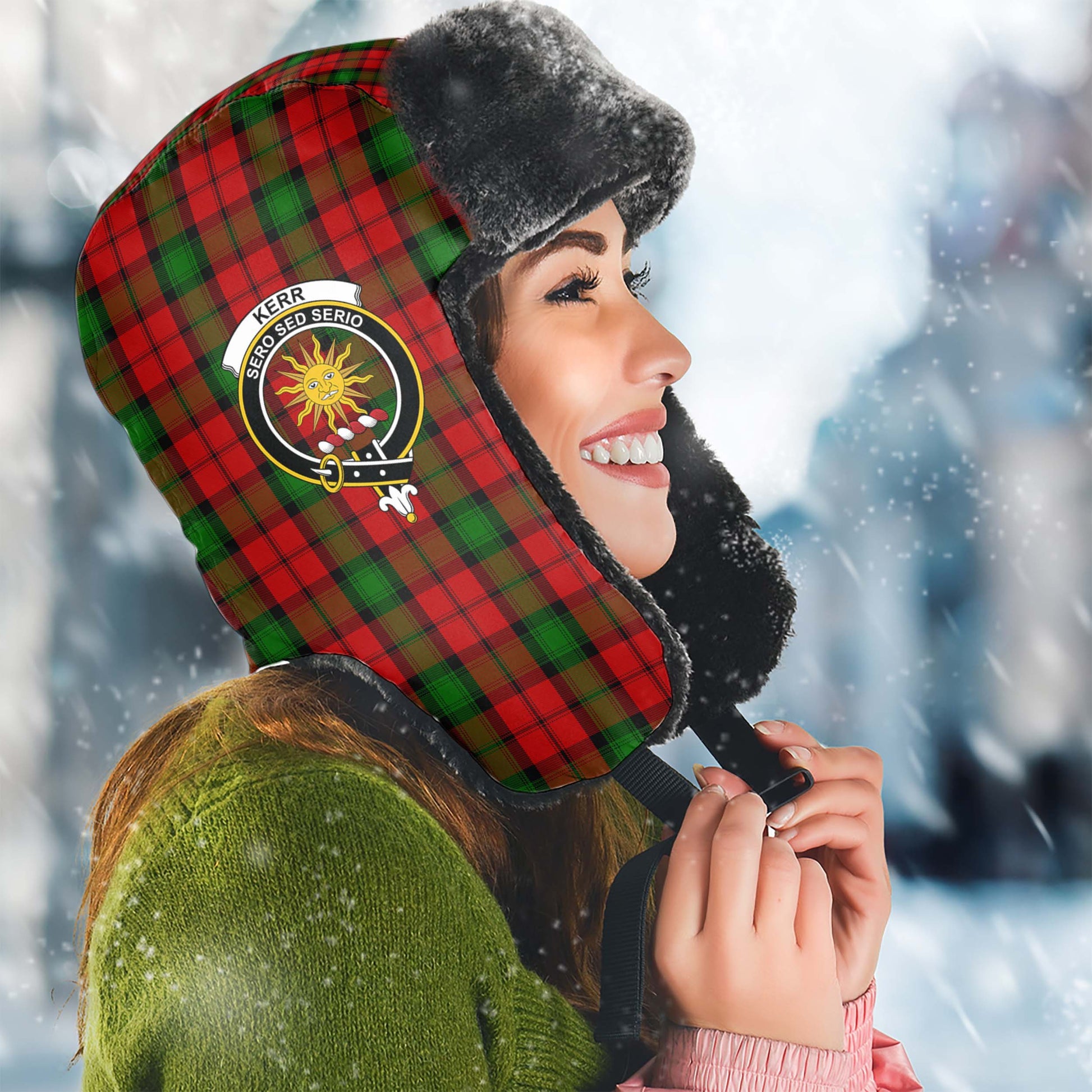 Kerr Tartan Winter Trapper Hat with Family Crest Winter Trapper Hat Universal Fit Circumference 22.8in (58cm) - Tartanvibesclothing