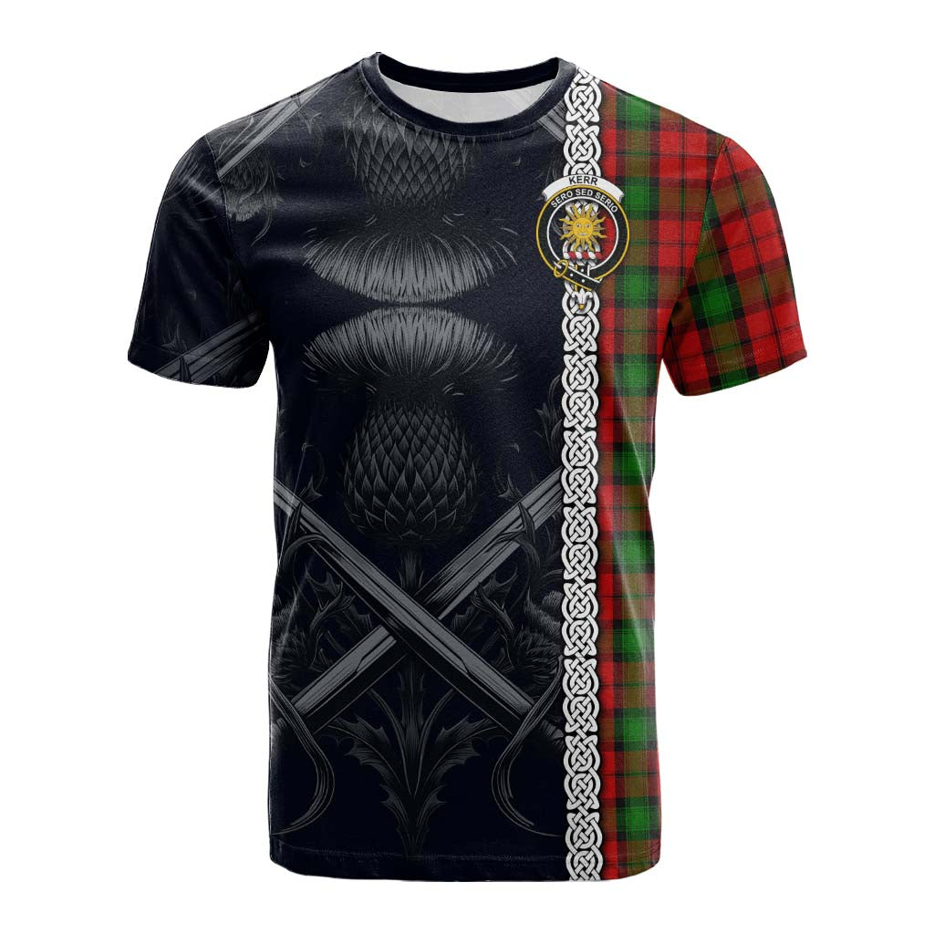 Tartan Vibes Clothing Kerr Tartan Cotton T-shirt with Family Crest Cross Sword Thistle Celtic Vibes