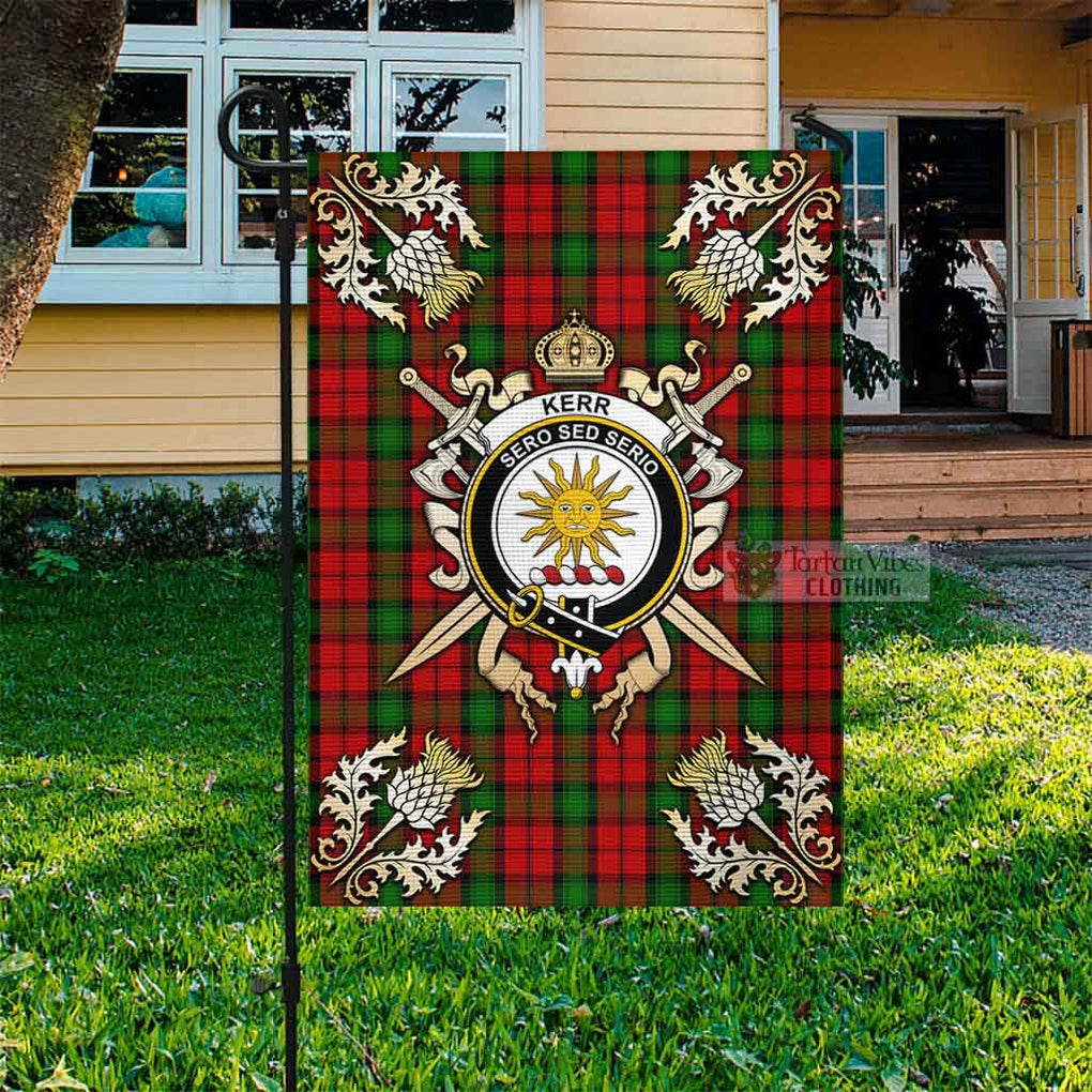 Tartan Vibes Clothing Kerr Tartan Flag with Family Crest and Golden Thistle Crossed Sword Design