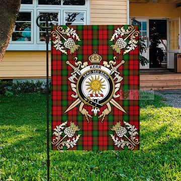 Kerr Tartan Garden Flag with Family Crest and Golden Thistle Crossed Sword Design