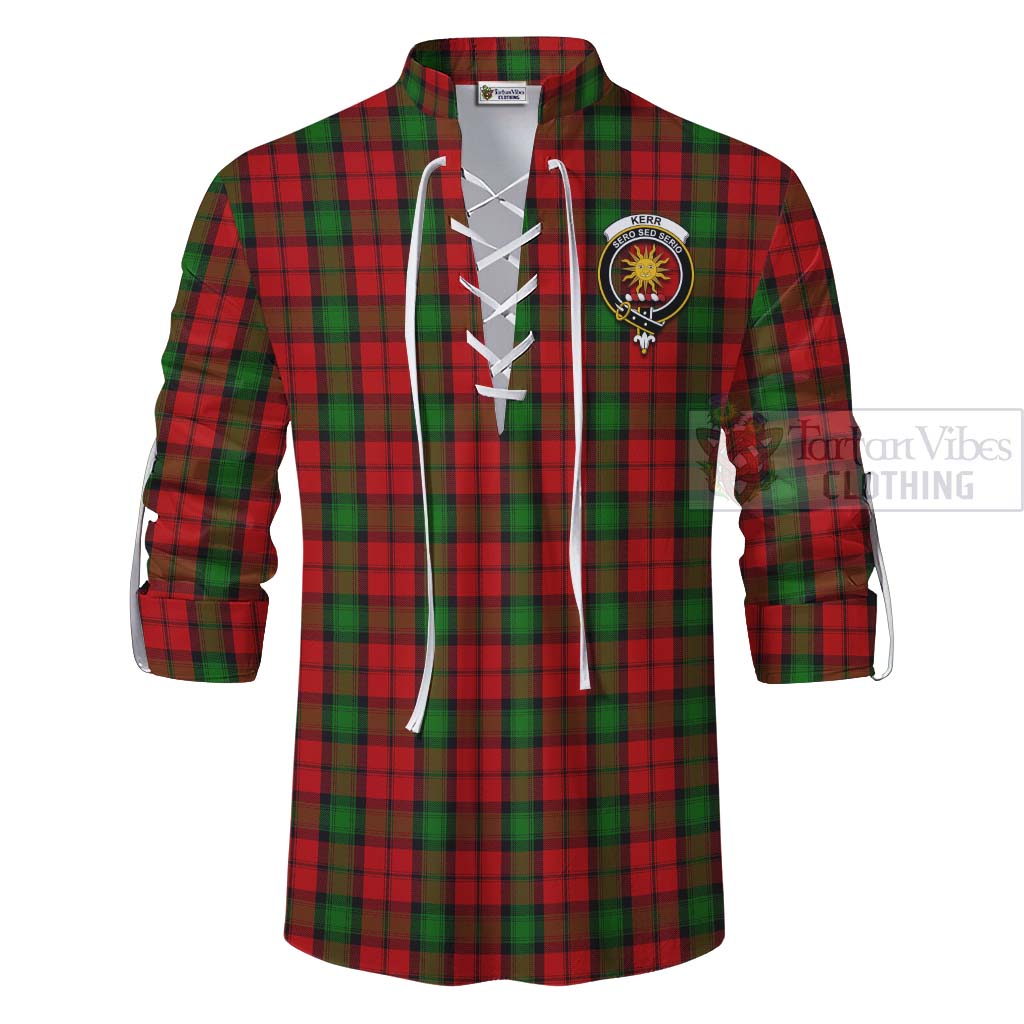 Tartan Vibes Clothing Kerr Tartan Ghillie Kilt Shirt with Family Crest and Bearded Skull Holding Bottles of Whiskey