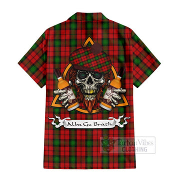 Tartan Vibes Clothing Kerr Tartan Short Sleeve Button Shirt with Family Crest and Bearded Skull Holding Bottles of Whiskey