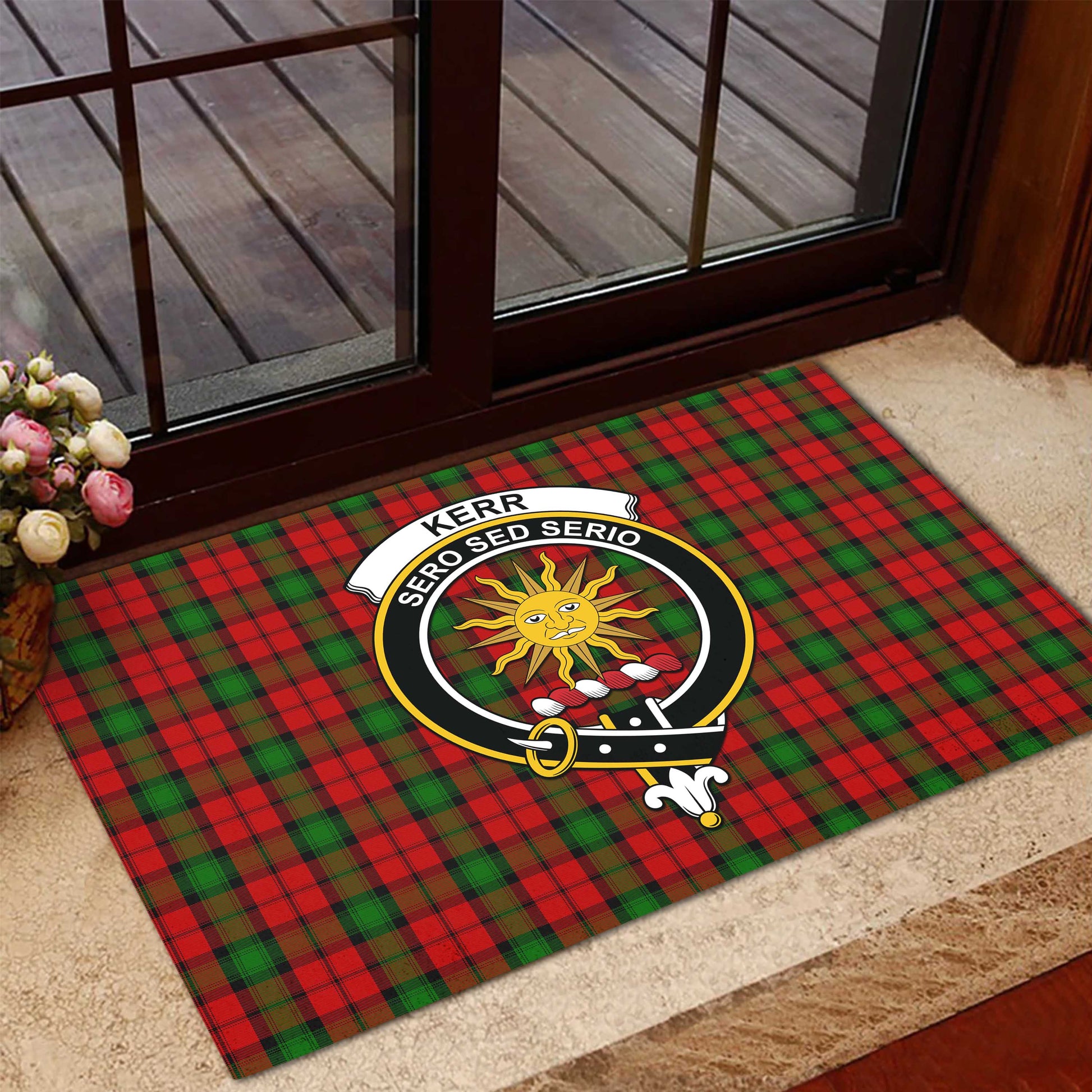 Kerr Tartan Door Mat with Family Crest - Tartanvibesclothing