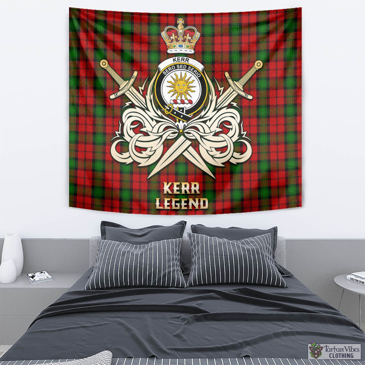 Tartan Vibes Clothing Kerr Tartan Tapestry with Clan Crest and the Golden Sword of Courageous Legacy