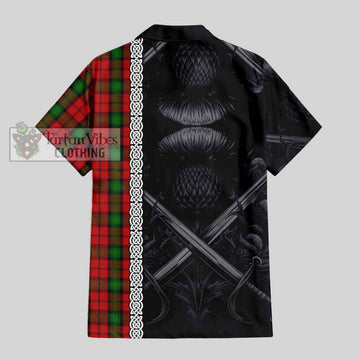Tartan Vibes Clothing Kerr Tartan Short Sleeve Button Shirt with Family Crest Cross Sword Thistle Celtic Vibes