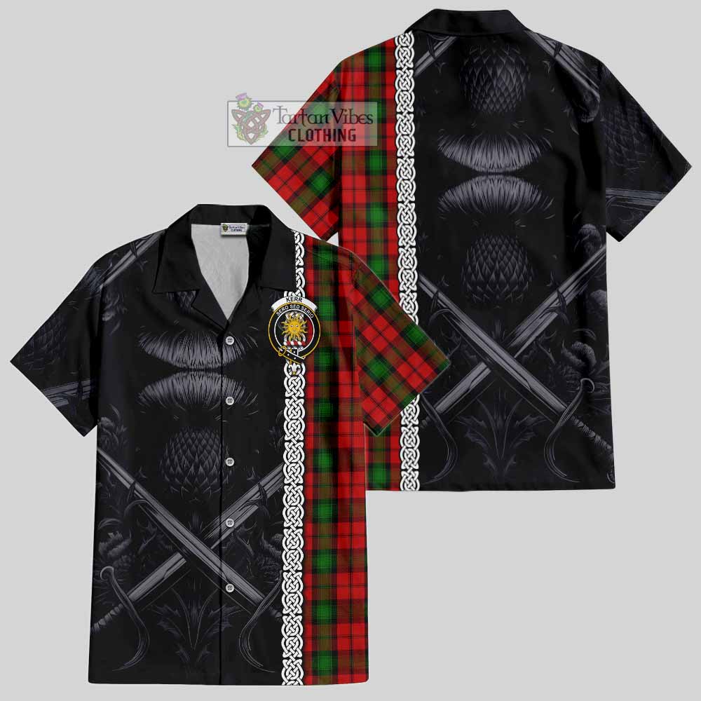 Tartan Vibes Clothing Kerr Tartan Short Sleeve Button Shirt with Family Crest Cross Sword Thistle Celtic Vibes