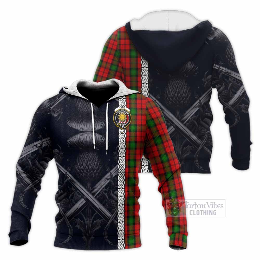 Tartan Vibes Clothing Kerr Tartan Knitted Hoodie with Family Crest Cross Sword Thistle Celtic Vibes