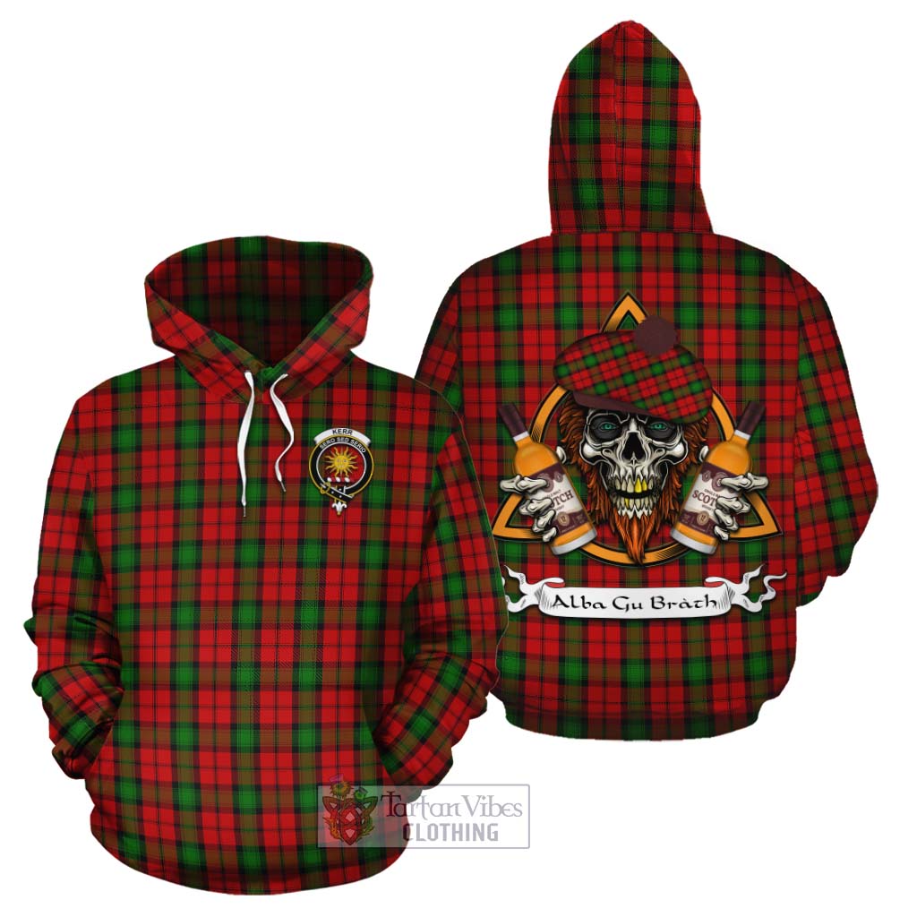 Tartan Vibes Clothing Kerr Tartan Cotton Hoodie with Family Crest and Bearded Skull Holding Bottles of Whiskey