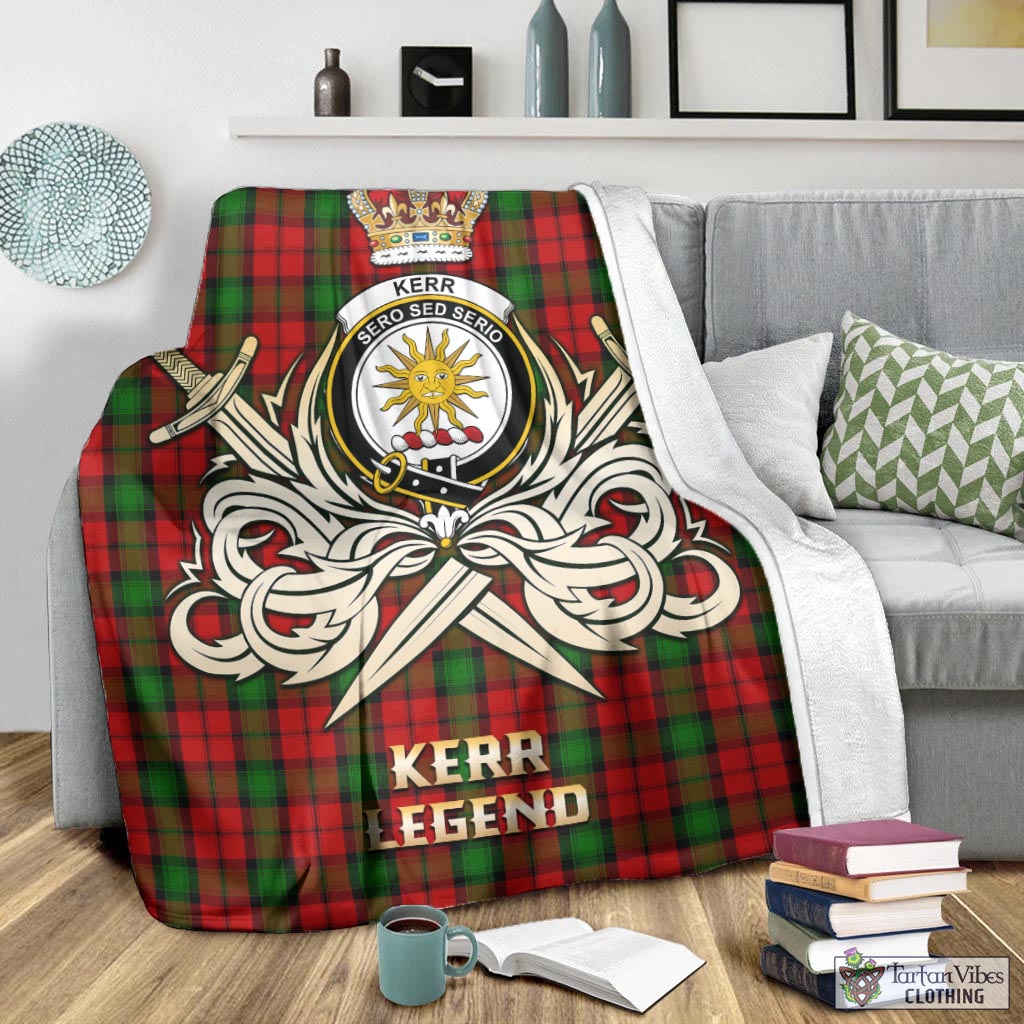 Tartan Vibes Clothing Kerr Tartan Blanket with Clan Crest and the Golden Sword of Courageous Legacy