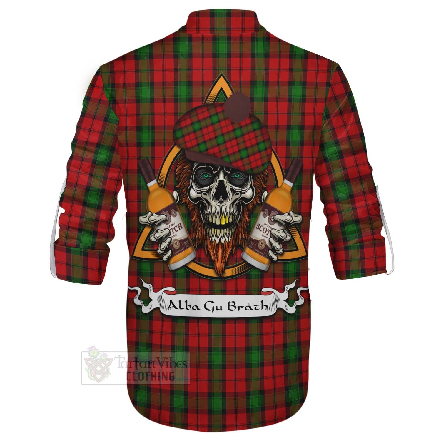 Tartan Vibes Clothing Kerr Tartan Ghillie Kilt Shirt with Family Crest and Bearded Skull Holding Bottles of Whiskey