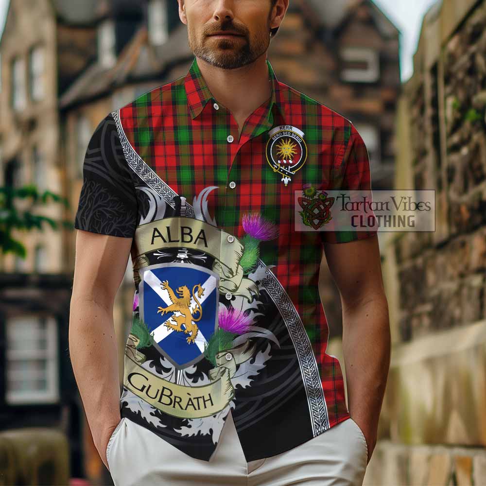 Tartan Vibes Clothing Kerr Tartan Family Crest Short Sleeve Button Shirt Lion Rampant Royal Thistle Shield Celtic Inspired