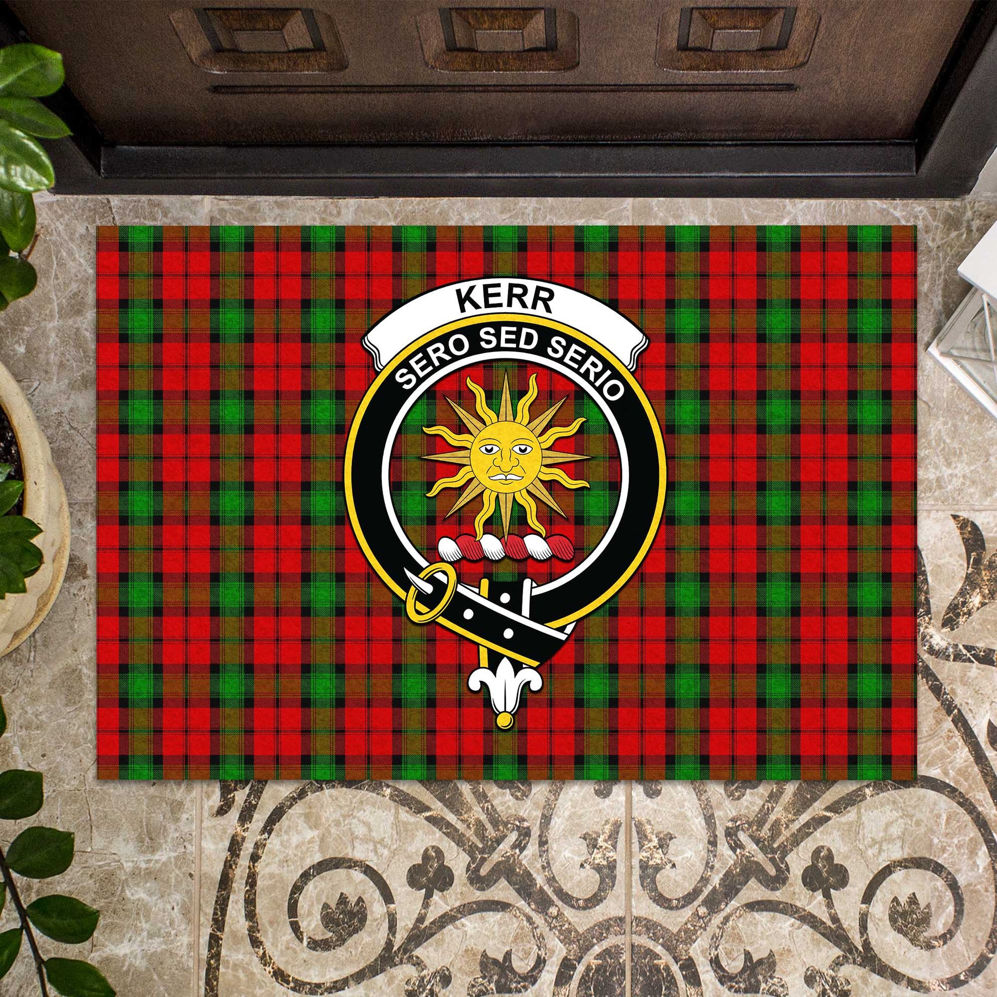 Kerr Tartan Door Mat with Family Crest - Tartanvibesclothing