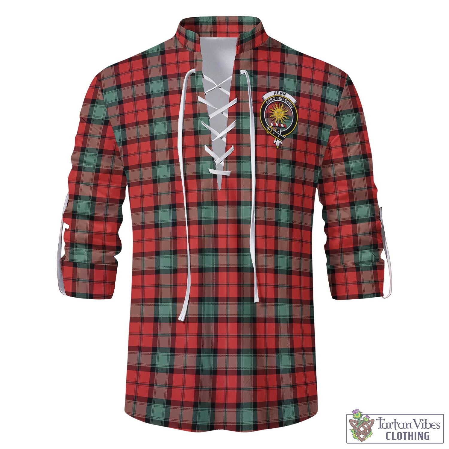 Tartan Vibes Clothing Kerr Ancient Tartan Men's Scottish Traditional Jacobite Ghillie Kilt Shirt with Family Crest