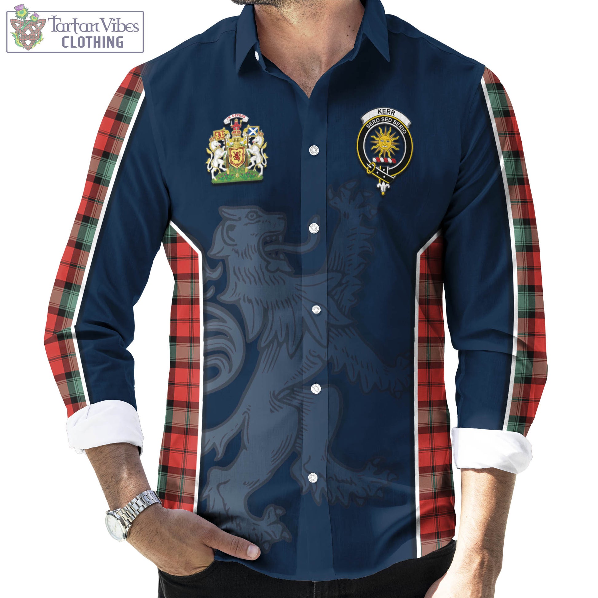 Tartan Vibes Clothing Kerr Ancient Tartan Long Sleeve Button Up Shirt with Family Crest and Lion Rampant Vibes Sport Style