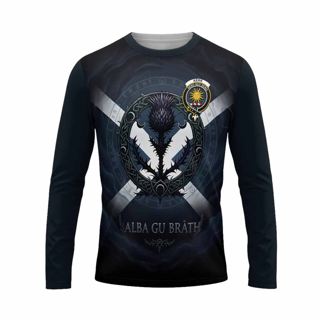 Kerr Clan Crest Long Sleeve T-Shirt with Celtic Knot Thistle and Saltire