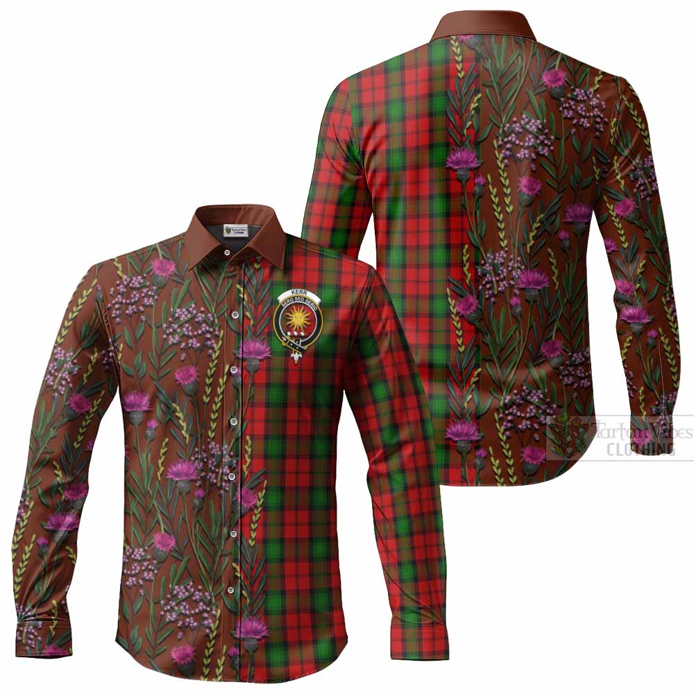 Kerr Family Crest Tartan Long Sleeve Button Shirts Scottish Thistle Flower Pattern Half Style - Tartan Vibes Clothing