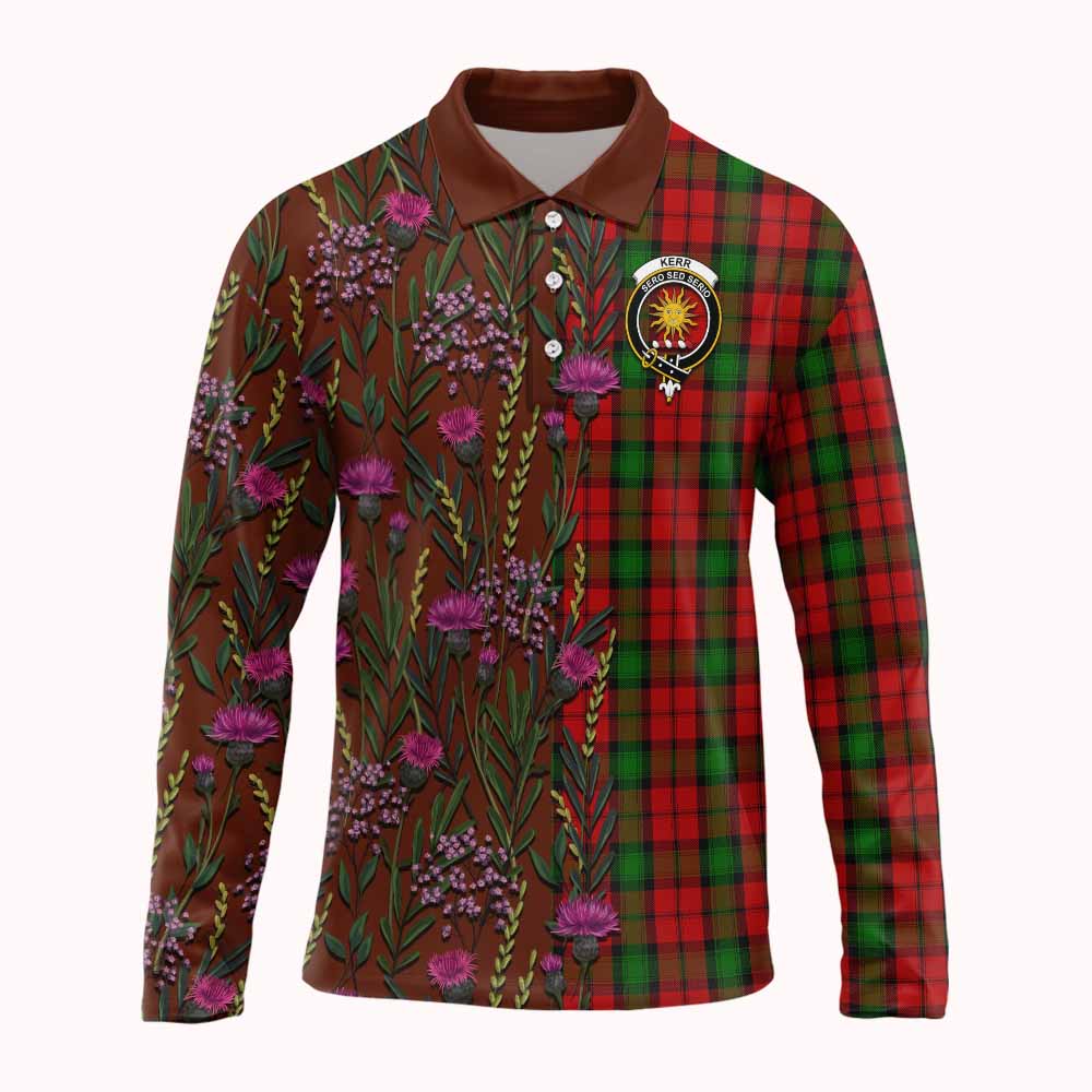 Kerr Family Crest Tartan Long Sleeve Polo Shirt Scottish Thistle Flower Pattern Half Style - Tartan Vibes Clothing