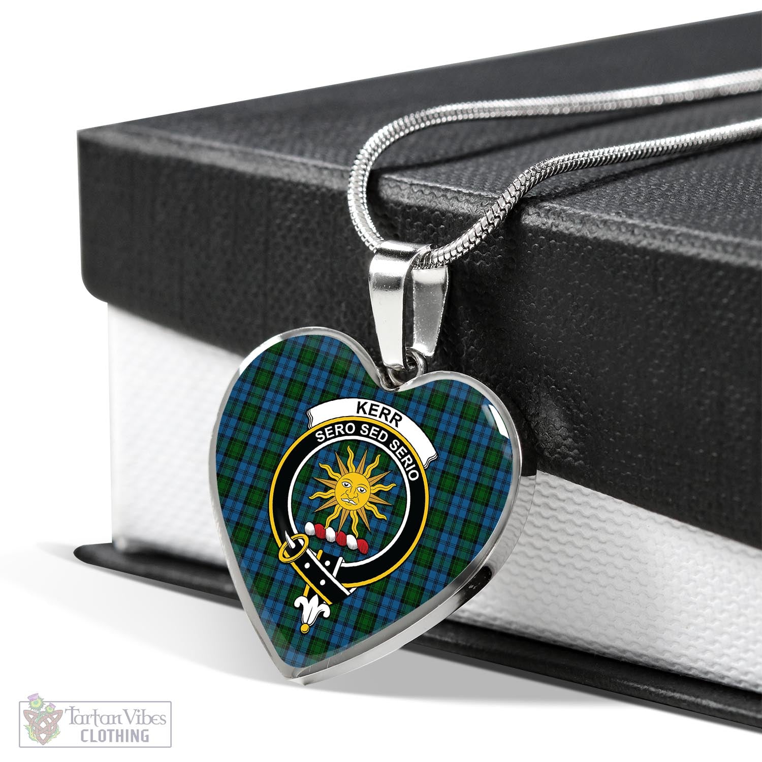 Tartan Vibes Clothing Kerr Hunting Tartan Heart Necklace with Family Crest