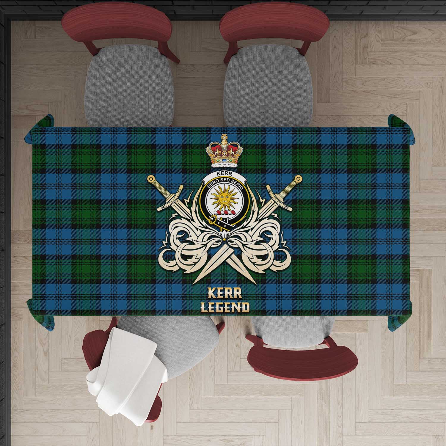 Tartan Vibes Clothing Kerr Hunting Tartan Tablecloth with Clan Crest and the Golden Sword of Courageous Legacy