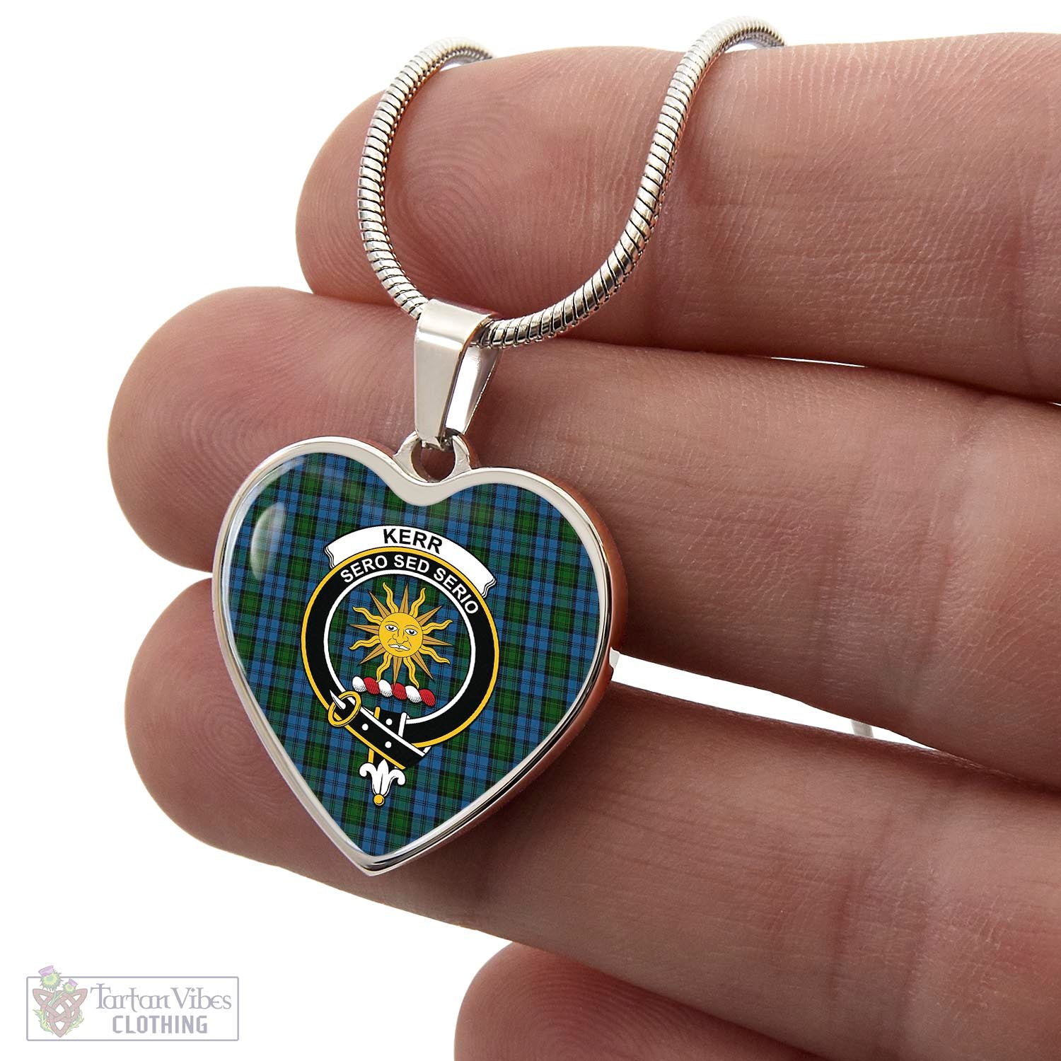 Tartan Vibes Clothing Kerr Hunting Tartan Heart Necklace with Family Crest
