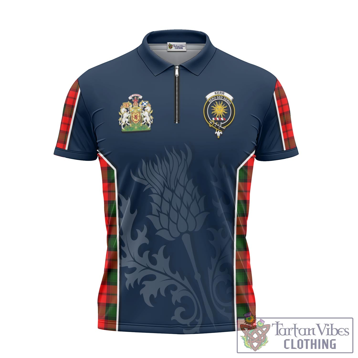 Tartan Vibes Clothing Kerr Modern Tartan Zipper Polo Shirt with Family Crest and Scottish Thistle Vibes Sport Style