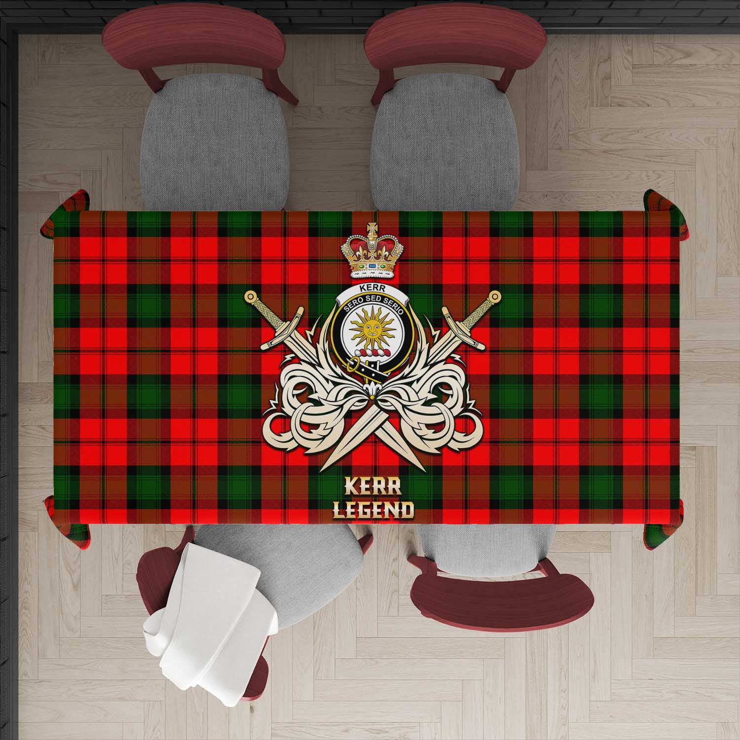 Tartan Vibes Clothing Kerr Modern Tartan Tablecloth with Clan Crest and the Golden Sword of Courageous Legacy