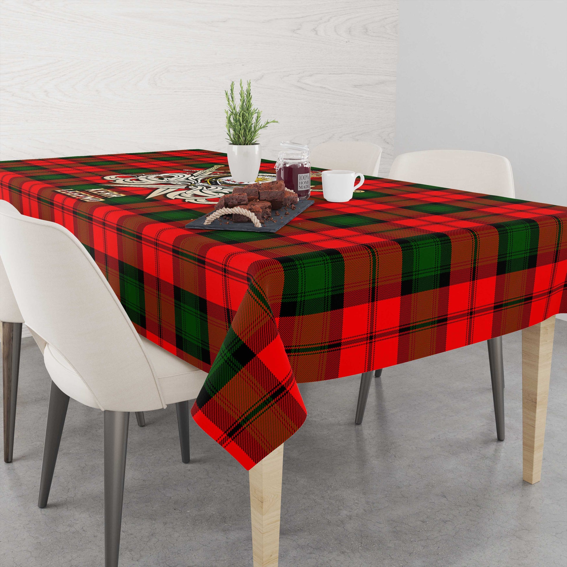 Tartan Vibes Clothing Kerr Modern Tartan Tablecloth with Clan Crest and the Golden Sword of Courageous Legacy