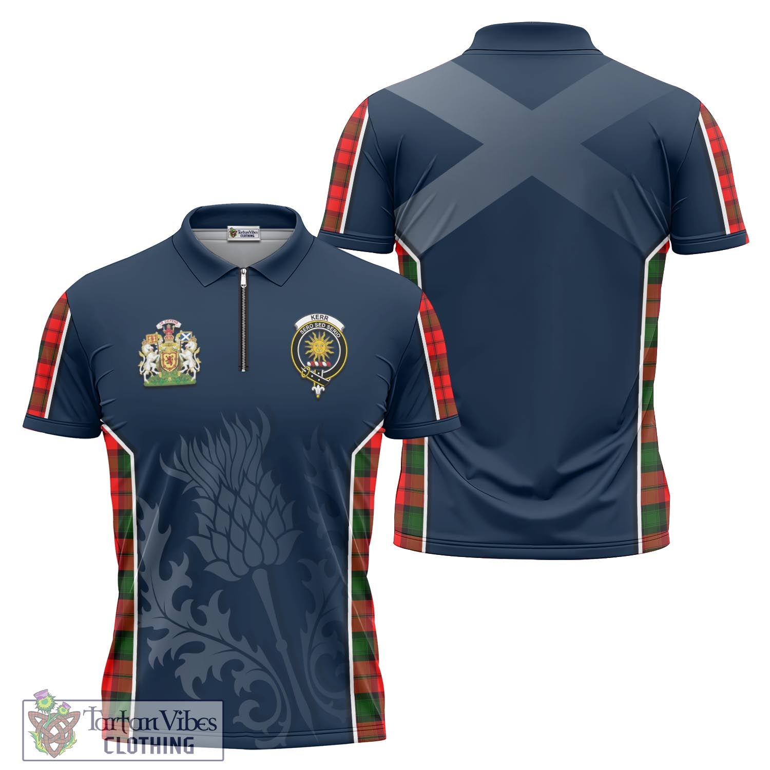 Tartan Vibes Clothing Kerr Modern Tartan Zipper Polo Shirt with Family Crest and Scottish Thistle Vibes Sport Style