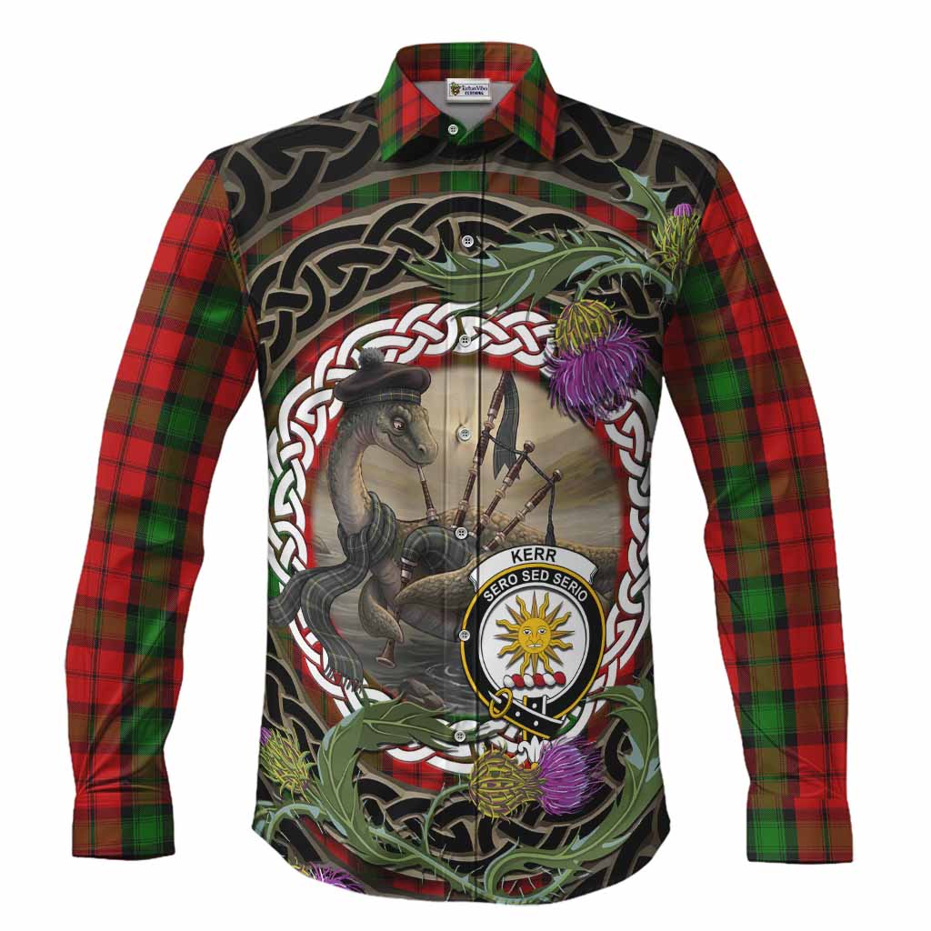 Kerr Tartan Crest Bagpipe Nessie Long Sleeve Button Shirts Scottish Loch Ness Monster Celtic Thistle