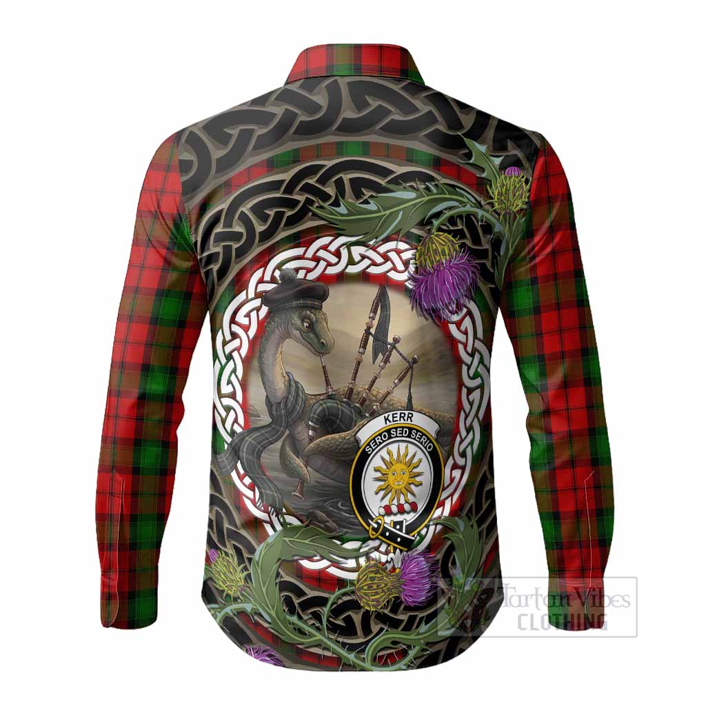 Kerr Tartan Crest Bagpipe Nessie Long Sleeve Button Shirts Scottish Loch Ness Monster Celtic Thistle