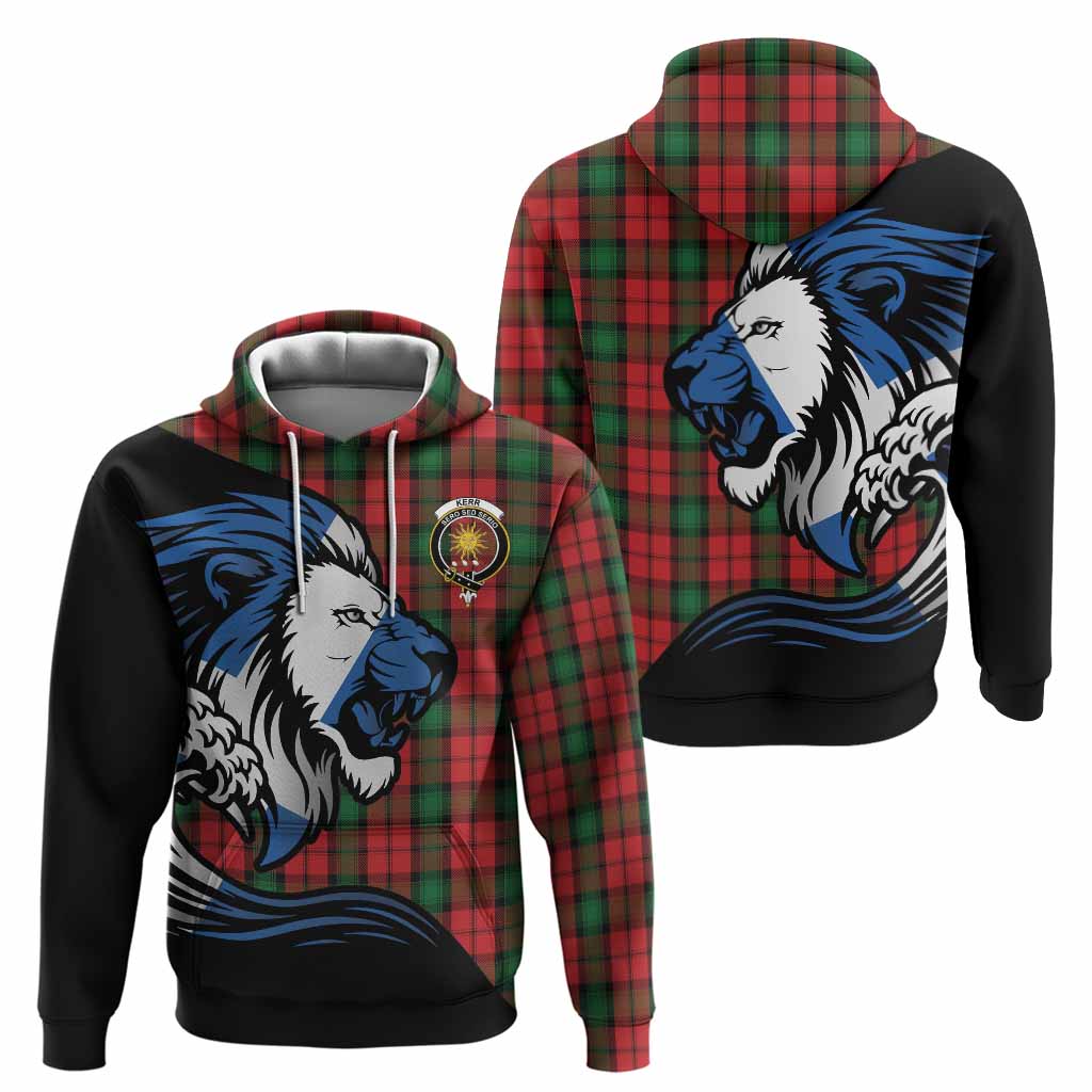 Kerr Tartan Crest Hoodie Scottish Golden Lions Wave Flow