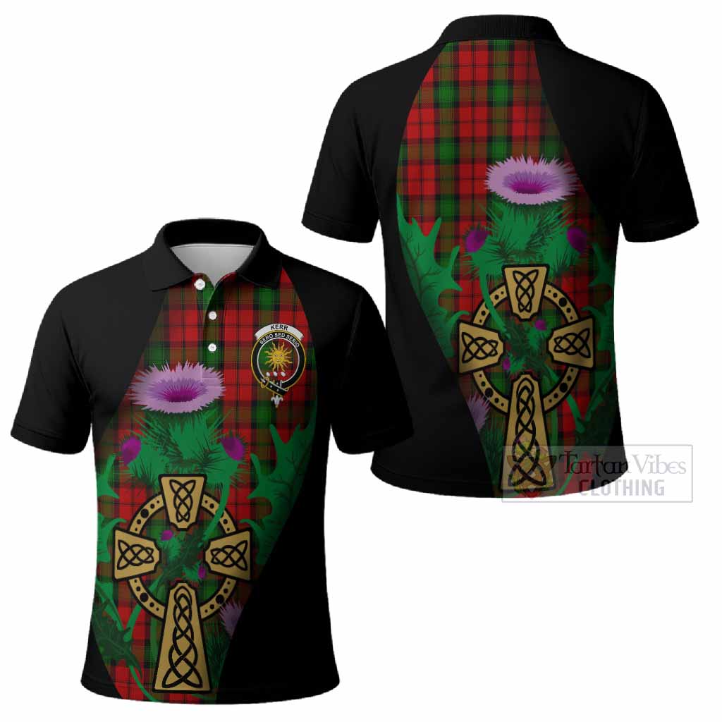 Kerr Tartan Crest Polo Shirt Celtic Cross Thistle Flowers