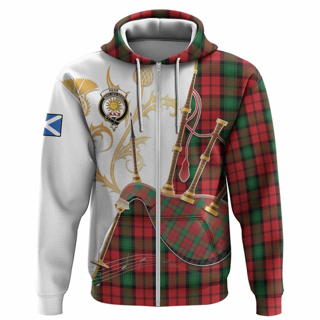 Kerr Tartan Family Crest Hoodie Bagpipes with Scottish Thistle