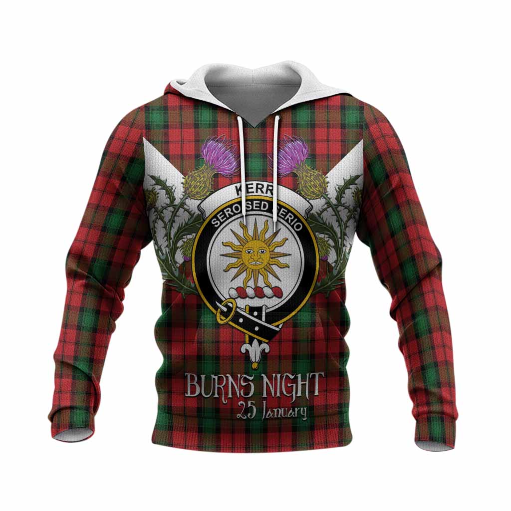 Kerr Tartan Family Crest Knitted Hoodie Scottish Burns Night Thistle Floral