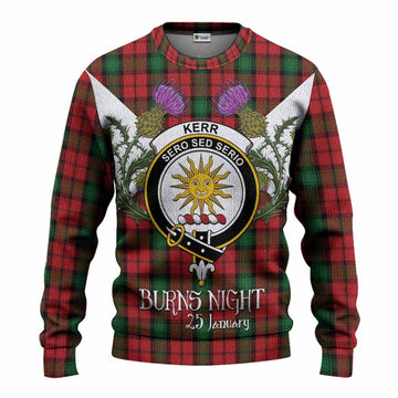 Kerr Tartan Family Crest Knitted Sweater Scottish Burns Night Thistle Floral