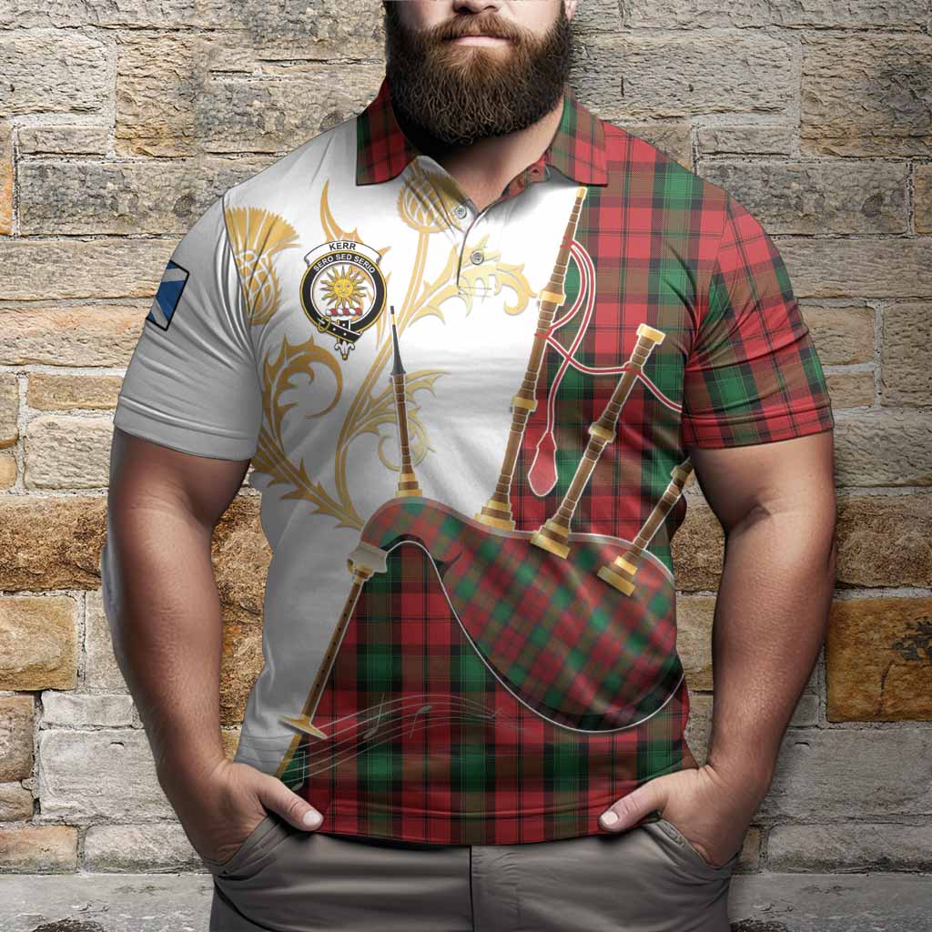 Kerr Tartan Family Crest Polo Shirt Bagpipes with Scottish Thistle